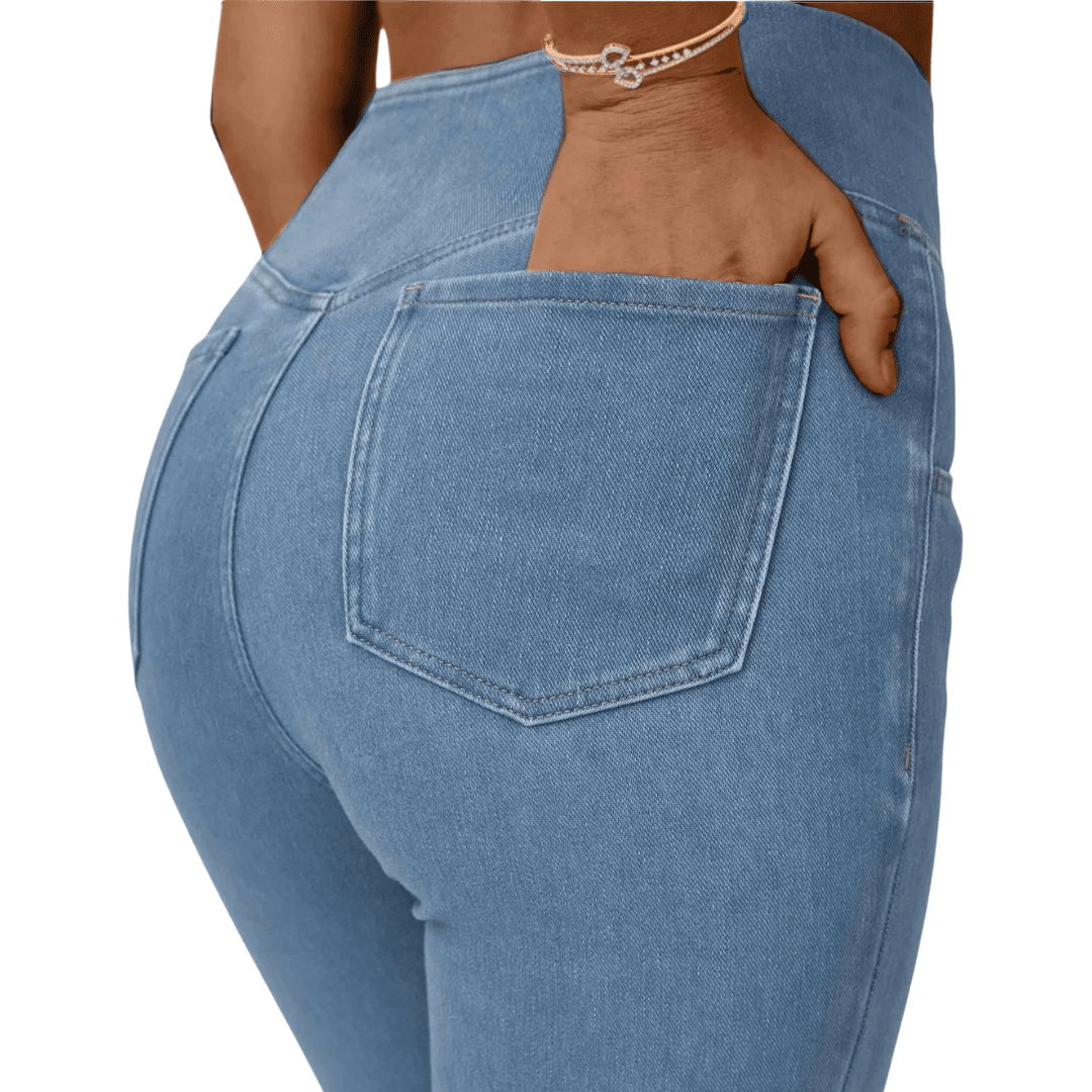 Calça Jeans Feminina de Cintura Alta Cruzada [CALÇA EFEITO BARRIGA CHAPADA]