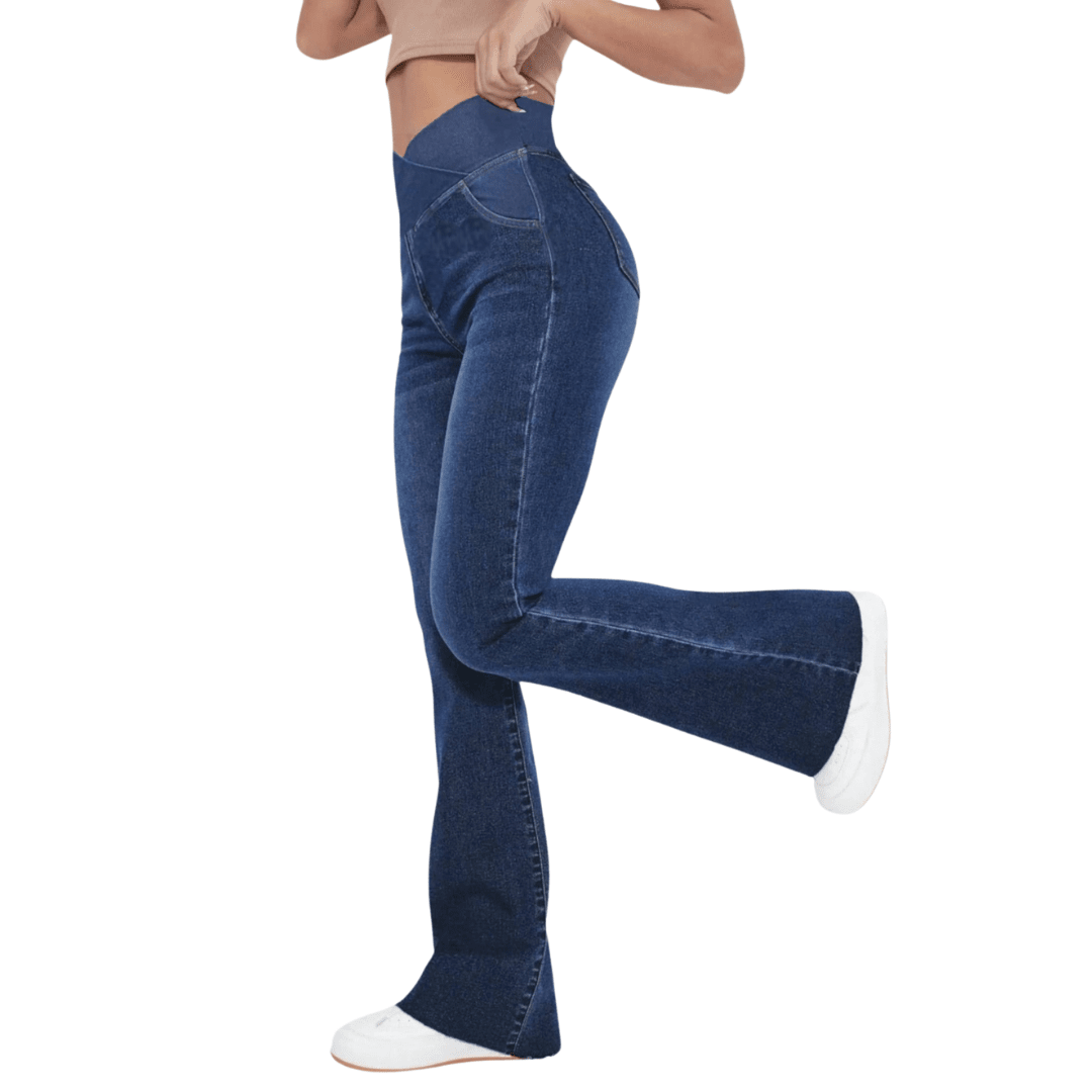 Calça Jeans Feminina de Cintura Alta Cruzada [CALÇA EFEITO BARRIGA CHAPADA]