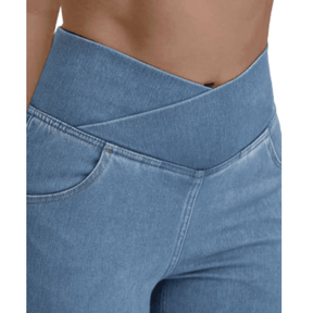 Calça Jeans Feminina de Cintura Alta Cruzada [CALÇA EFEITO BARRIGA CHAPADA]